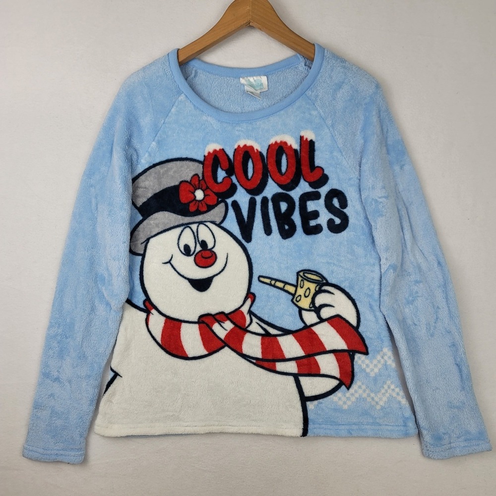 Frosty the Snowman Cool Vibes Blue Fuzzy Fleece Pajama Top Women Large 12-14